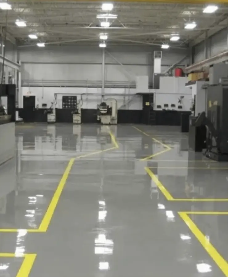 A glossy grey epoxy shop floor marked out with yellow traffic lines
