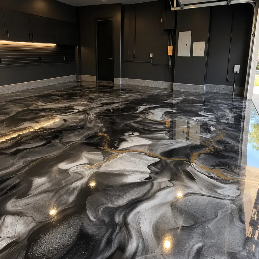 Custom designed metallic epoxy floor in a finished garage