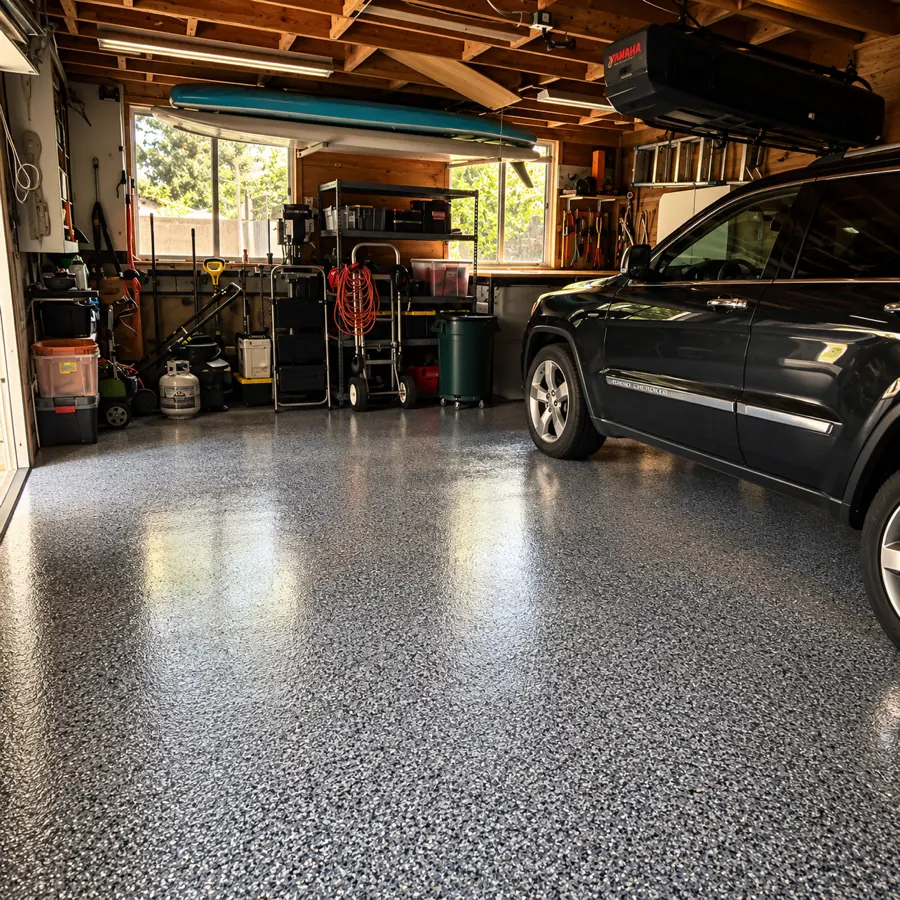 Epoxy flake garage floor coating with a car parked on it