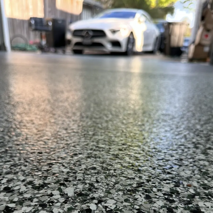 Epoxy flake garage floor, close up of the chip blend
