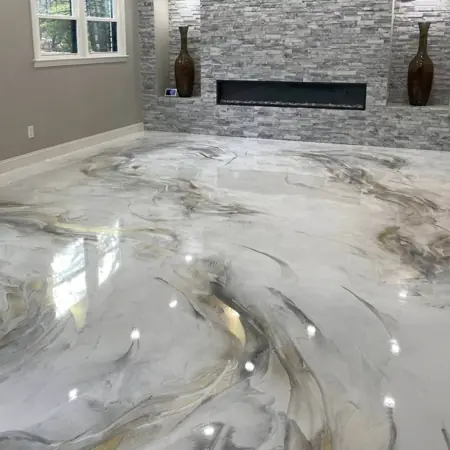 Metallic epoxy. White and gold, living space.