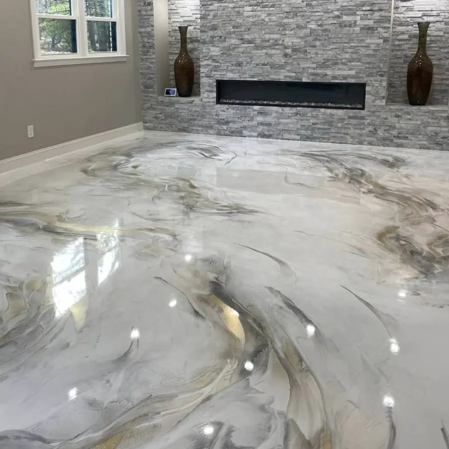 White and gold metallic epoxy floor in a living room