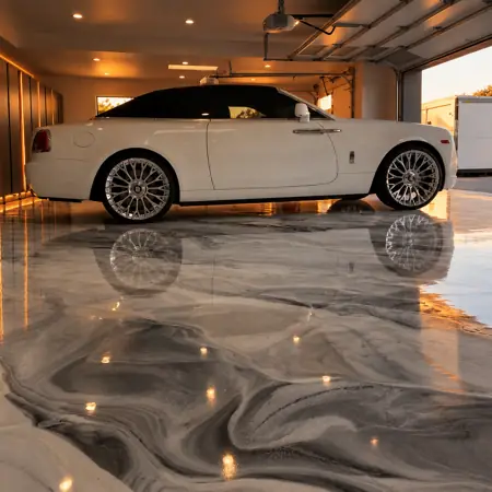 Metallic epoxy. Black, silver and gold marbling.