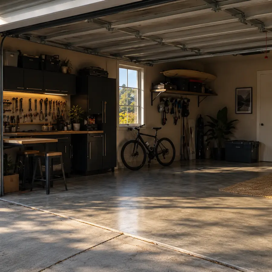 Polished concrete garage floor in a finished Bay Area garage